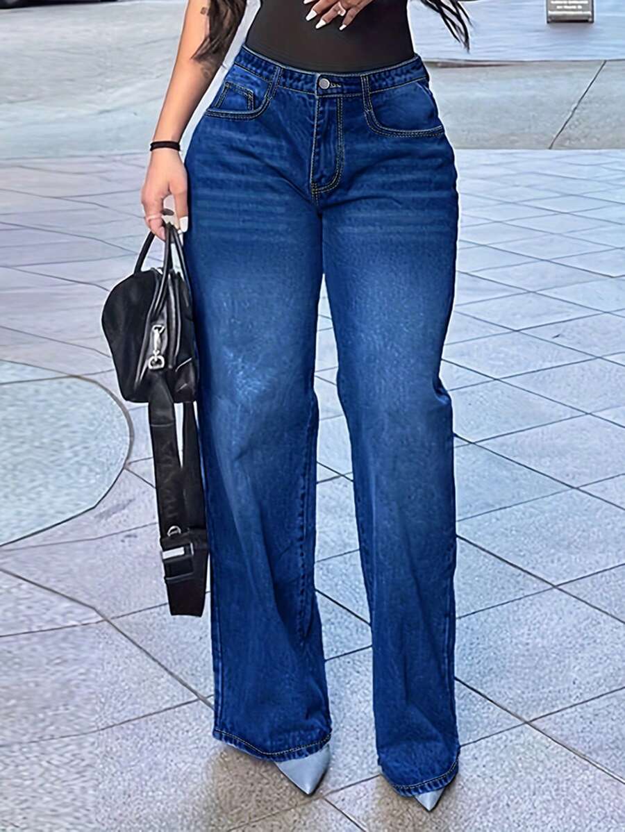 Women's Solid Straight-Leg Jeans – Loose Fit, Casual & Versatile Everyday Denim - Rửa trung bình - Xem 1