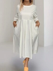 SHEIN Clasi 大尺碼女士實色圓領寬鬆休閒日常連衣裙 - 杏色 - 查看 3