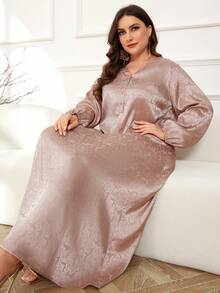 Al Najma Vestido largo de manga larga de unicolor simple para uso diario de talla grande para señoras árabes - Caqui - Ver 4