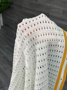 Slaydiva Große Größen Urlaub, Alltags- und eleganter sexy figurbetonter Kurzarm Hemd-Stil Cardigan, Farbblockdesign, gestrickt mit Hohlraumdesign Damen Mini Pulloverkleid, Frühling & Sommer - Gelb - Übersicht 8