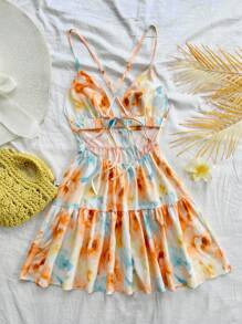Soleia Women's Floral Printed Spaghetti Strap Backless A-Line Dress For Vacation - Orange - View 2