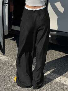 DAZY 女式拼色腰带条纹宽松裤，商务休闲秋季