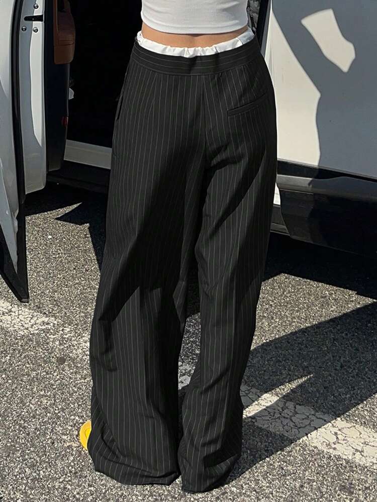 Women's Colorblock Waistband Tie Striped Loose Pants, Business Casual Fall