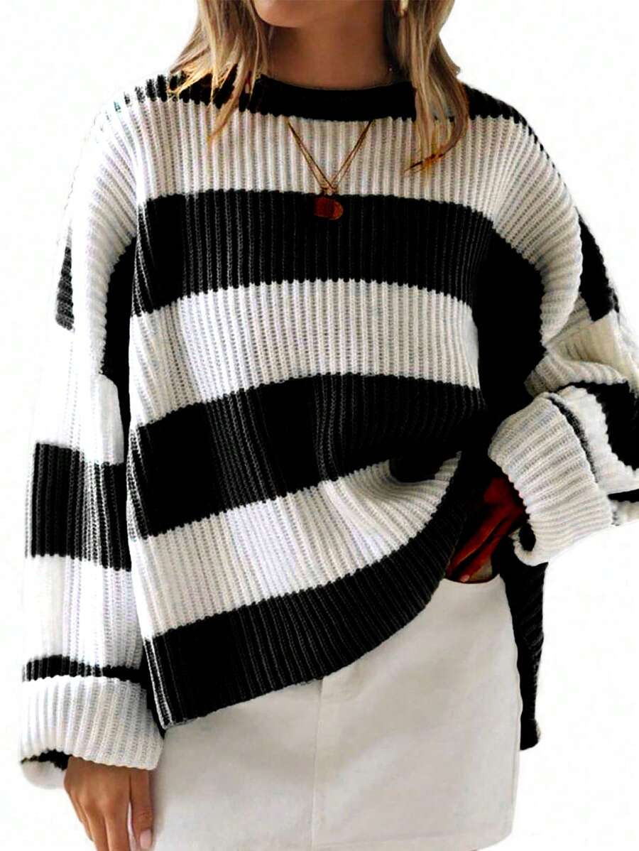 Flirla Plus Size Loose Fit Round Neck Striped Simple Style Casual Fashion Pullover Sweater, For Winter - Black - View 1
