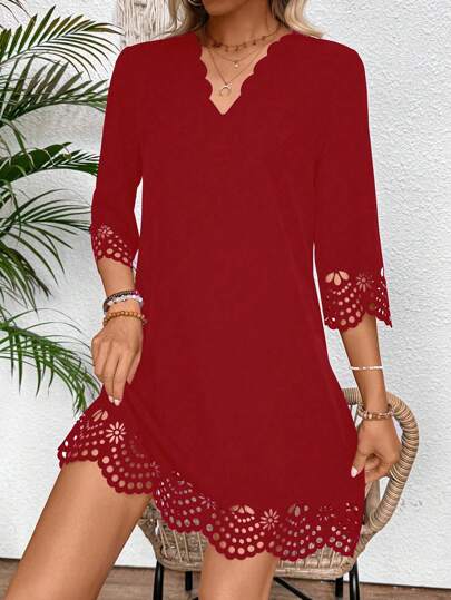 EMERY ROSE 女士度假休闲优雅纯色镂空扇贝边连衣裙酒红色女装