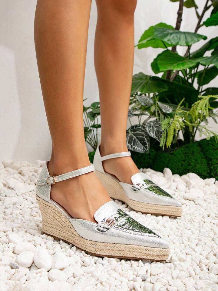Women s Elegant Comfortable Lightweight And Stylish Silver Pointed Toe Sandals With Shiny Buckle Woven Waterproof Platform And Thick Heels For Beach Or Resort Wear SHEIN UK