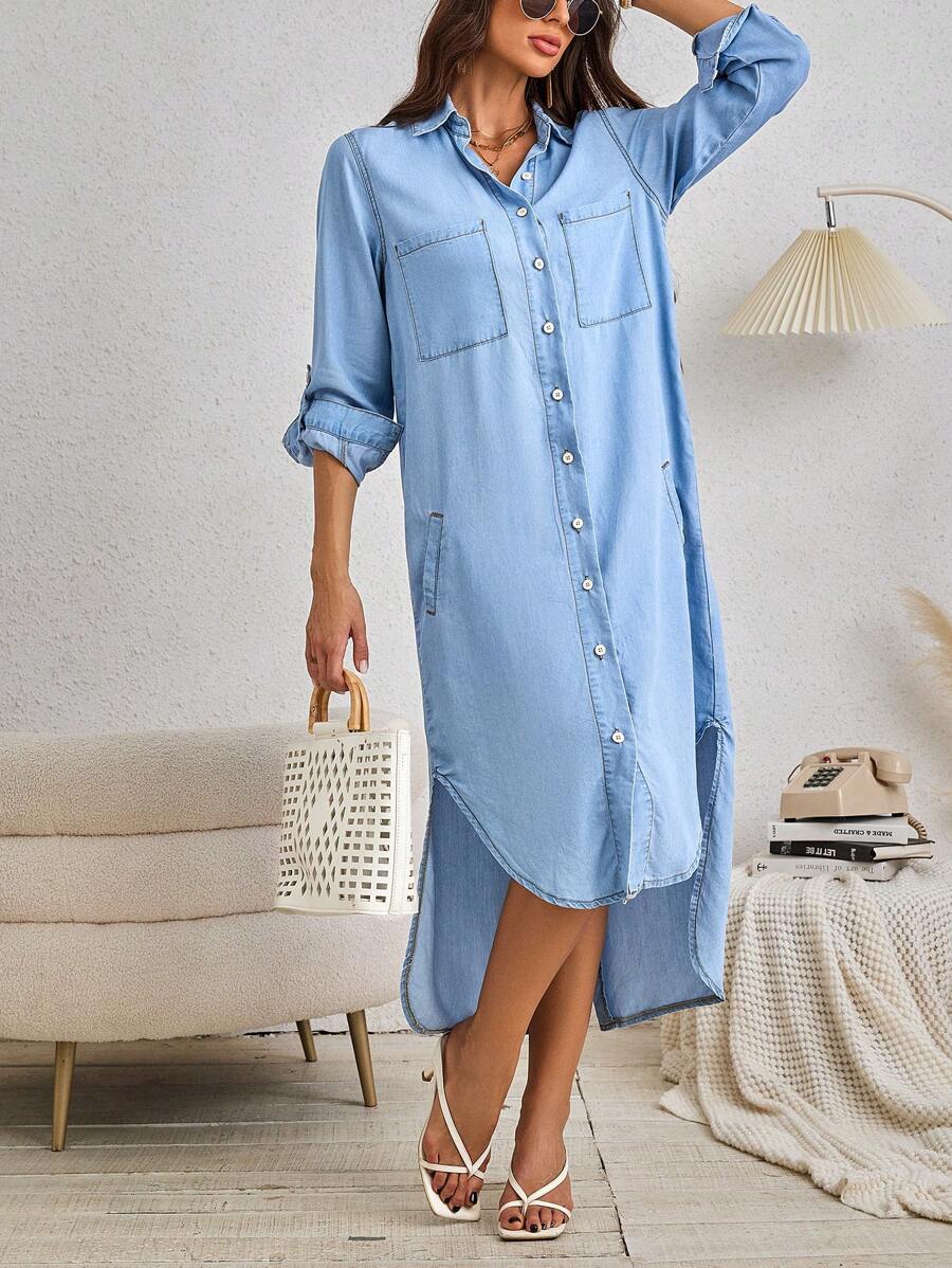 Ladies'summer Casual Denim Effect Roll-Tab Sleeve Button-Front Shirt Dress - Blue - View 1