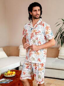 Manfinity ChillVibe Men's Floral Print Front Button Short Sleeve Shirt And Shorts Set, Casual Homewear For Summer