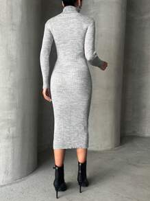 EURMUSE Women's Turtle Neck Long Sleeved Sweater Dress - Grey - View 2