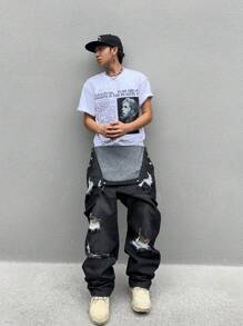 Manfinity Hypemode Overoles vaqueros con diseño rasgado, de moda y tendencia, de uso informal y para raperos, con presillas para cinturón, para salir