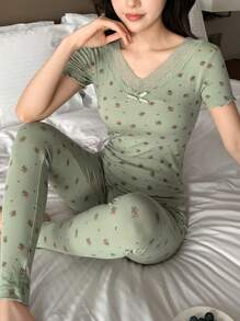 DAZY Lace Patchwork Ditsy Floral Ruffle Trim Short Sleeve Long Pants Pajama Set - Green - View 7