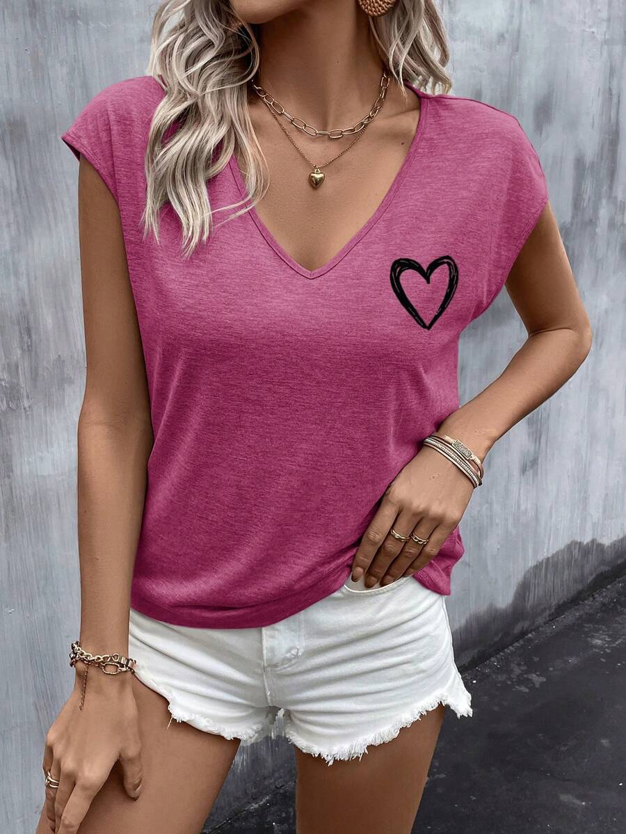 EMERY ROSE 女士夏季心形印花V領蝙蝠短袖休閒T卹 - 中紫紅色 - 查看 1