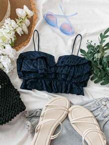 SHEIN VCAY Summer Solid Ruffle Hem Cami Corset White Top - Navy Blue - View 1