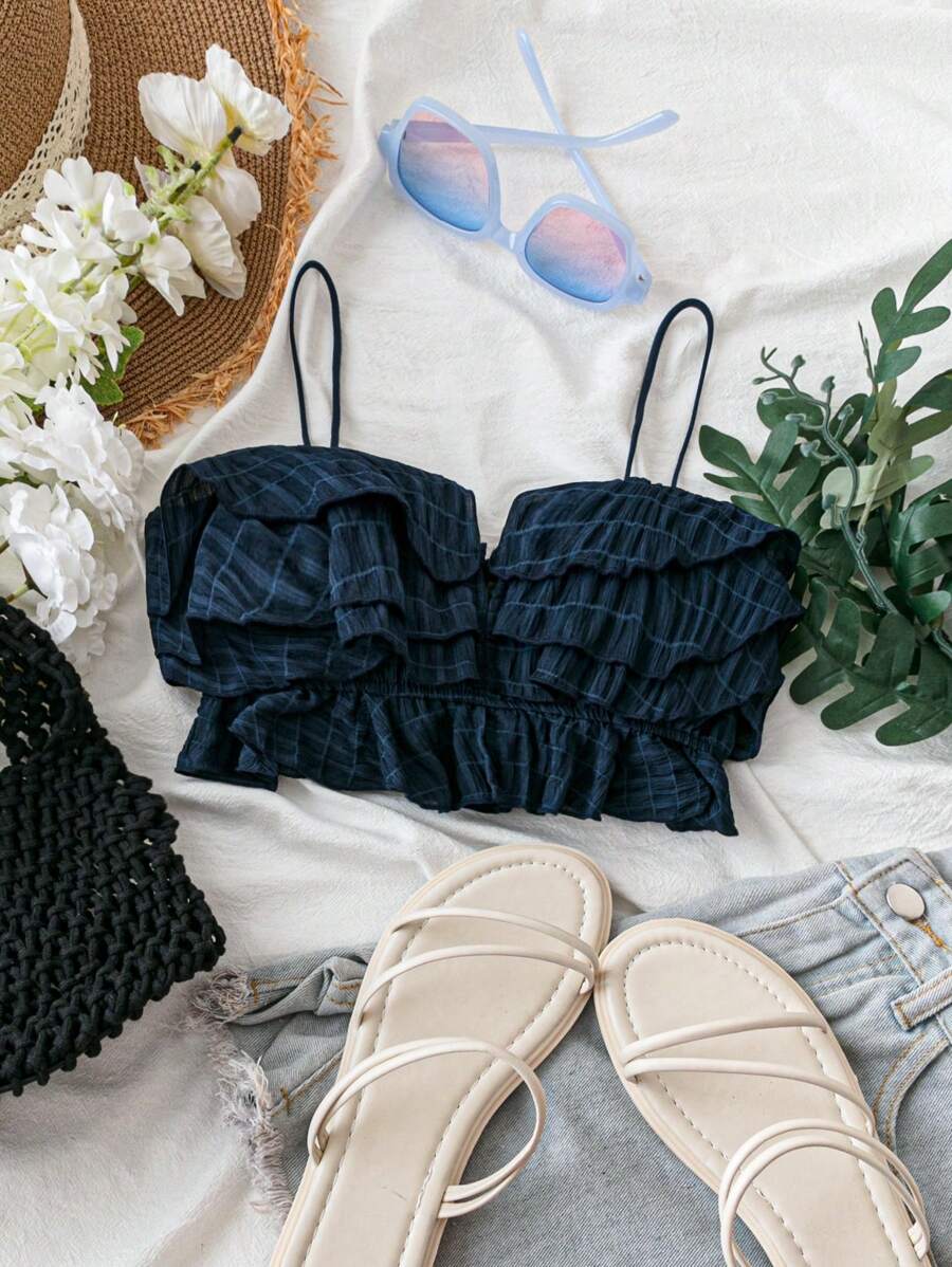 SHEIN VCAY Summer Solid Ruffle Hem Cami Corset White Top - Navy Blue - View 1