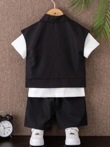 Bộ 3 món thường ngày dành cho nam trẻ với áo vest không tay có cổ, áo thun ngắn tay cổ tròn, quần dài có túi, thích hợp để mặc hàng ngày, thoáng khí và thoải mái cho các hoạt động ngoài trời, du lịch, đi học, hoàn hảo cho học kỳ mùa xuân và mùa thu - màu đen - Xem 2