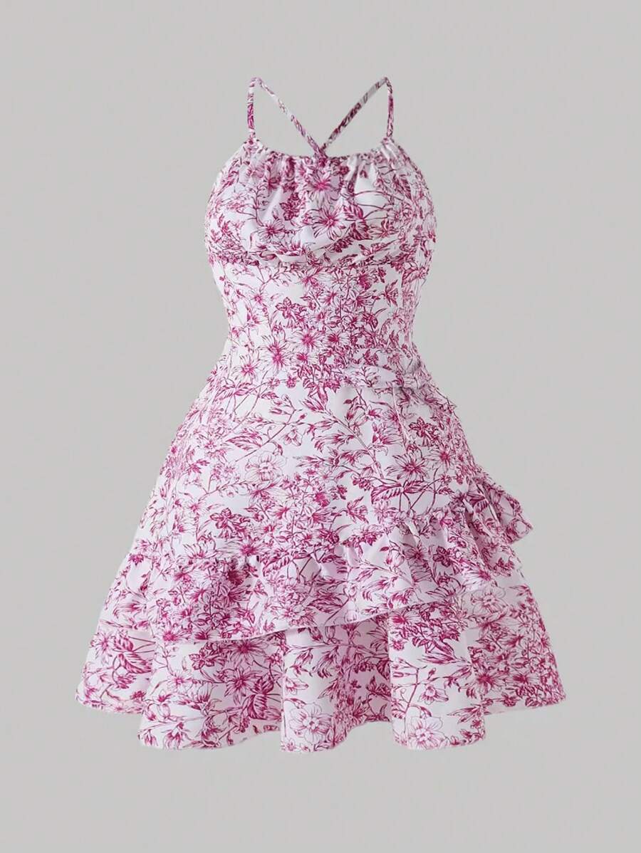 Teen Girls Ditsy Floral Spaghetti Strap Asymmetrical Hem Ruffle Bow Tight Mini Dress - Hot Pink - View 1