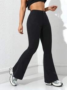 SHEIN Privé Ladies' Bell-Bottomed Flared Casual Denim Pants, All-Match,Ladies Casual Button,Pocket,Zipper High Waist Flare Leg Long Black Cotton Mom Fit Regular Fit Women Jeans,Spring/Fall,Casual Daily Wear - Black - View 4