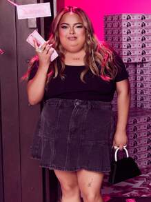 SHEIN ICON Plus Pleated Hem Denim Skirt
