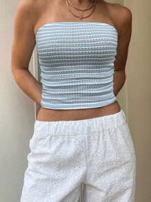 INAWLY Summer Color-Block Textured Open Shoulder Women's Tube Top