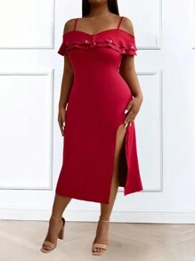SHEIN Unity Vestido de verano de tirantes elegante y elegante con abertura en el bajo y detalles de diamantes brillantes para ropa de Año Nuevo en tallas grandes - Rojo - Ver 2