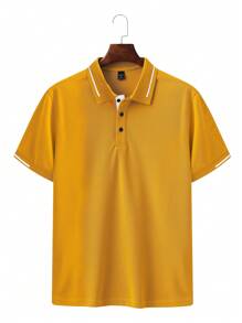 Manfinity Homme Camisa polo de manga corta casual con bloques de color para hombre para el verano y uso diario, camisa polo de hombre con botones, polo amarillo para hombre, camisa polo de hombre con botones, polo amarillo, camisas polo casuales para hombre, ropa de hombre amarilla, camisa de golf para hombre, camisa amarilla de hombre - Amarillo - Ver 3