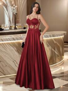 HOMEYEE 性感镂空蕾丝吊带背心复古休闲晚会礼服，非常适合度假、婚礼宾客礼服舞会礼服 - 酒紅色 - 查看 3