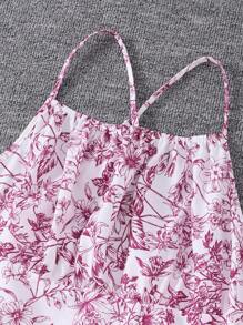 Teen Girls Ditsy Floral Spaghetti Strap Asymmetrical Hem Ruffle Bow Tight Mini Dress - Hot Pink - View 5