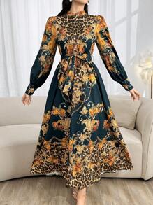 Modelyn Leopard & Baroque Print Lantern Sleeve Belted Dress For Spring & Summer