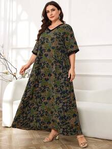 Al Najma 大码休闲日常穿着印花女式长袍，全长家居服 Jalabiya 宽松连衣裙 - 彩色 - 查看 6