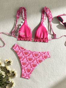 Conjunto de bikini rosa de dos piezas con estampado floral para la playa veraniega con patrón de estampado aleatorio. - Multicolor - Ver 5