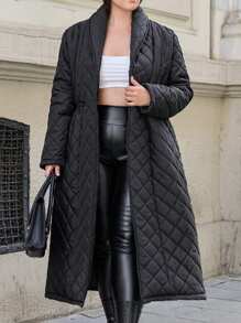 RueChic Plus Women's Elastic Belt Quilted Coat With Hooded Drawstring - Black - View 5