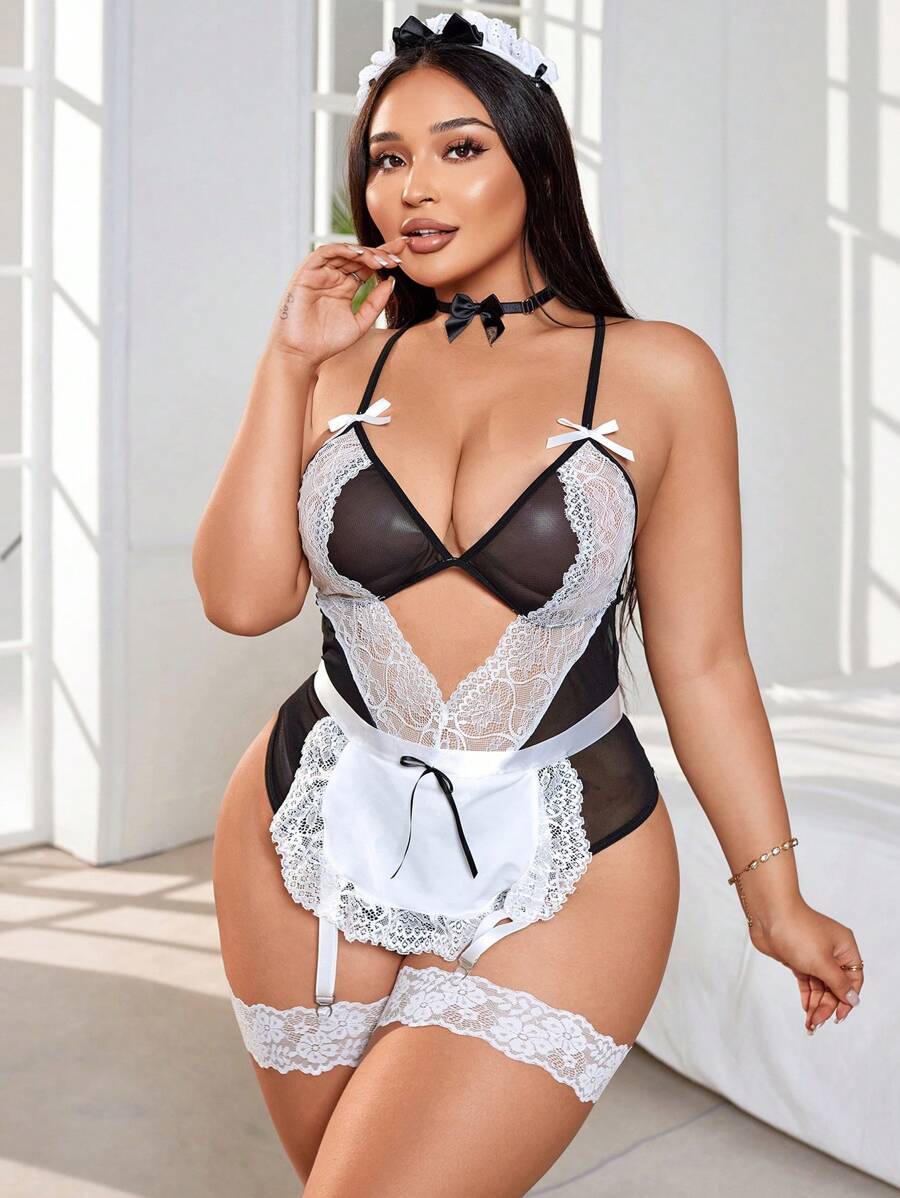 Trang phục trang trí ren nữ cỡ lớn - Đen và trắng - Xem 1