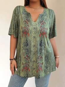 大码女式宽松花卉印花缺口 V 领短袖休闲 T 恤，夏季图案 T 恤女式上衣 - 軍綠色 - 查看 6