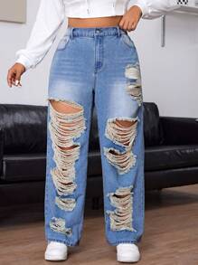 SHEIN EZwear Plus Size Women's Loose Fit Wide Leg Casual Boyfriend Jeans With Pockets And Distressed Details