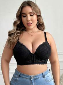 大码性感浪漫休闲舒适前钩眼蕾丝胸罩，防止下垂，托胸，可调节，1 件内衣 - 黑色 - 查看 4