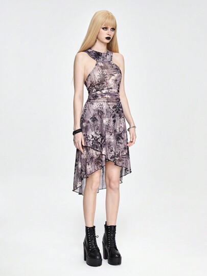 Fairycore Subculture Net Yarn Printing Backless Halter Vacation Style Women's Dress