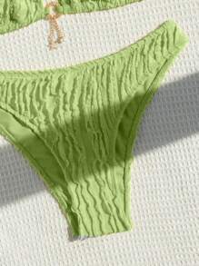 Swim Mod 女士夏季沙灘純色領口綁帶性感比基尼套裝，含分離游泳裝 - 青檸色 - 查看 6