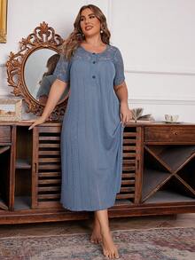 Patchwork Lace Loose Plus Size Long Pajama Night Dress - Baby Blue - View 5