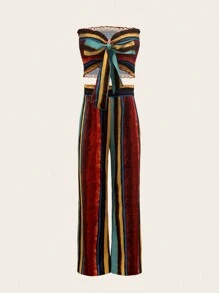 SHEIN LUNE Atasan dan Celana Tanpa Tali dengan Simpul di Depan Motif Garis-garis - MultiWarna - View 4