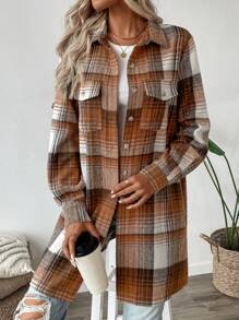 SHEIN LUNE 女士秋冬格紋襯衫式休閒復古運動常規外套 - 棕色 - 查看 4