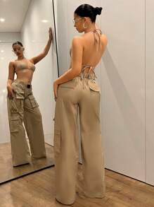 SHEIN ICON Quần kaki lưng thấp Y2k Back To School, quần ống rộng, trang trí tai hai lớp, kiểu quần Cargo, dài thêm - Màu Khaki - Xem 5