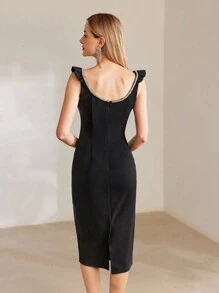MOTF PREMIUM RHINESTONE DETAIL SPLIT HEM FITTED DRESS - Black - View 5