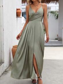 SHEIN Clasi 纯色休闲裹身下摆吊带连衣裙，适合夏季长款缎面女装 - 綠色 - 查看 5