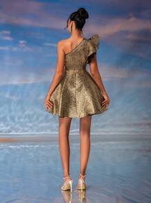 SHEIN Belle Đầm ngắn dự tiệc cocktail bằng vải satin màu vàng kim sang trọng một vai - Vàng - Xem 2