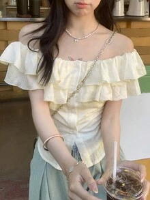 新款露肩女士衬衫，春夏露肩 - 杏色 - 查看 6