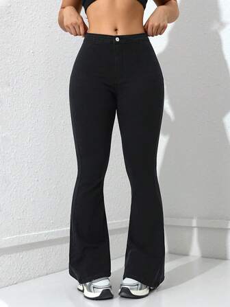 SHEIN Privé Dambyxor med klockbottnad utsvängda Casual Jeansbyxor, All-Match, Damer Casual Button, Ficka, Dragkedja Hög midja Utsvängda Ben Lång Svart bomull Mamma Fit Normal fit Damjeans,Vår/Höst, Casual Daily Wear