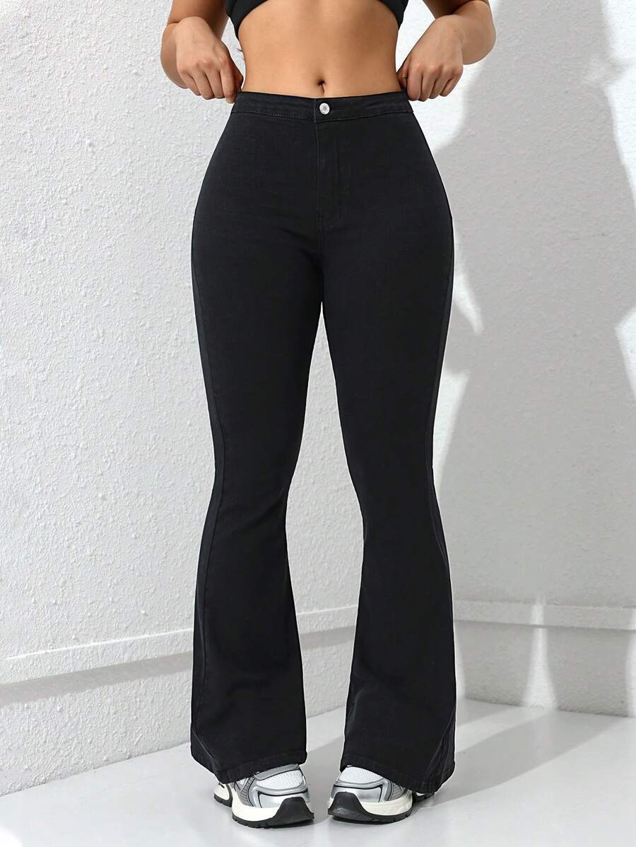 SHEIN Privé Ladies' Bell-Bottomed Flared Casual Denim Pants, All-Match,Ladies Casual Button,Pocket,Zipper High Waist Flare Leg Long Black Cotton Mom Fit Regular Fit Women Jeans,Spring/Fall,Casual Daily Wear - Black - View 1