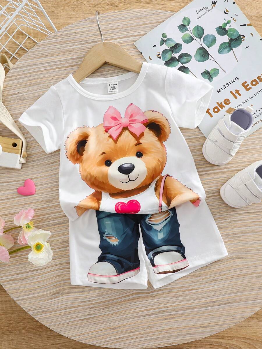 寶貝女孩3D AI時尚泰迪熊休閒針織套裝 - 白色 - 查看 1