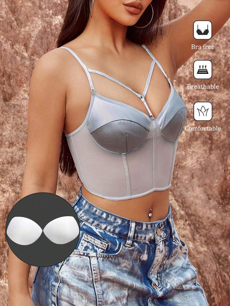 Music Festival Fashionable Lady Sexy Silver Gray Leather Technological Sense Underwire Patch Mesh Stitching Hollow Holiday Fishbone High Elastic High-End Charming Hot Girl  Sexy Sleeveless Tight Shoulder Straps Adjustable Short Bra Cami Corset