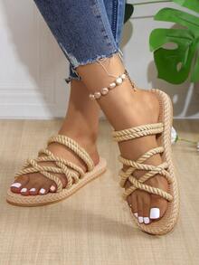 Nowe sandały damskie liny płaskie kapcie Khaki buty plażowe codzienne buty damskie - Kolor khaki - Zobacz 6